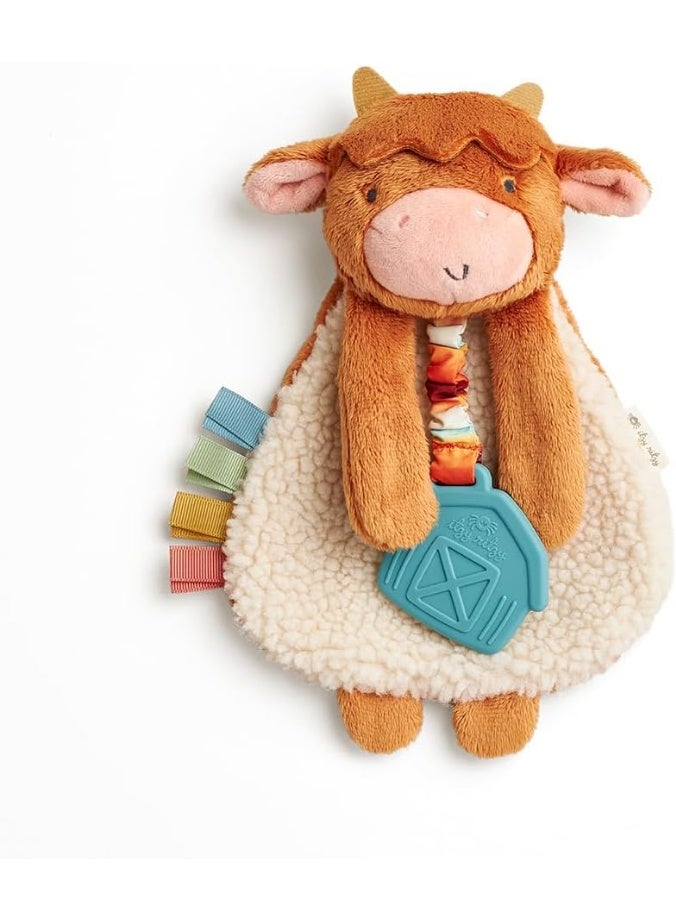 Itzy Ritzy - Itzy Lovey Including Teether - Baby Lovey with Teether, Textured Ribbons & Dangle Arms - Features Crinkle Sound, Sherpa Fabric and Minky Plush (Highland Cow)